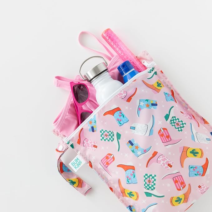 Bumkins - Waterproof Wet Bag & Clear Travel Bags - For Beach, Baby, Travel, Swim Suit, Cloth Diapers, Pump Parts, Pool, Gym, Toiletries - Reusable & Easy to Clean - Cowgirl Boots - 4 Pack