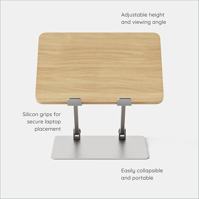 Branch Adjustable Laptop Stand - Portable Wooden Laptop Riser with Customizable Height & Angle - Foldable - Secure Silicon Grips for Home or Office - Woodgrain