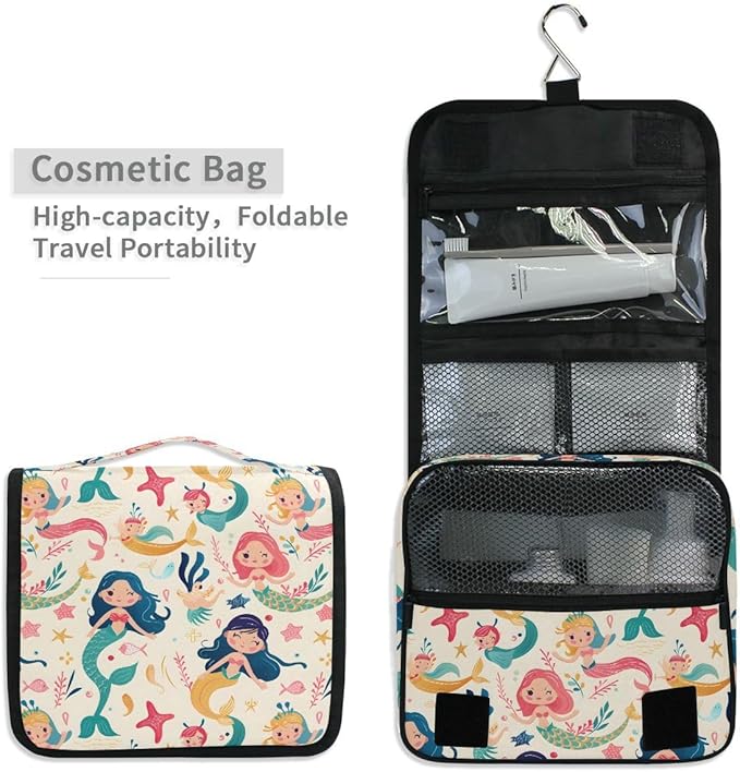 senya Hanging Travel Toiletry Bag Cute Kit Makeup Case Cosmetics Organizer for Men Women (Cute Mermaids And Friends)