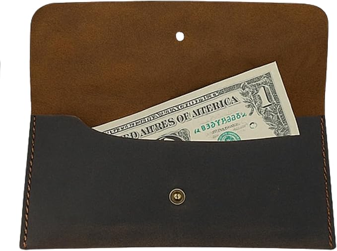 Leather Currency Pouch Large Flap Continental Wallet, Utility Organizer Bag for Cash Coins Travel Leather Money Pouch Envelope Storage Bag and Cash Organizer Men Women (Dark Brown)