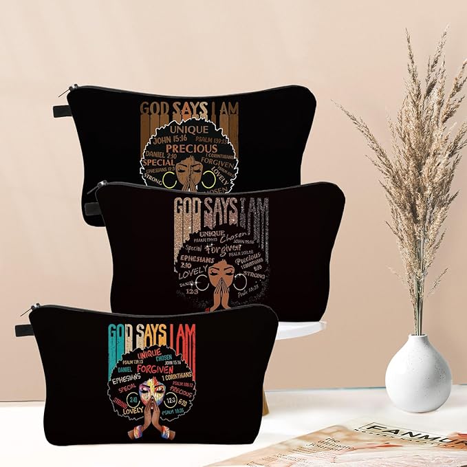 3 Pack African American Makeup Bag for Purse, Afro Black Cosmetic Bags for Women, Inspirational and Funny Gifts, Small Travel Pouches, Bulk Cosmetic Cases