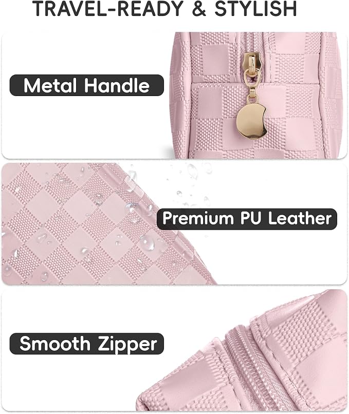 Checkered Makeup Bag for Purse - Cute PU Leather Travel Cosmetic Pouch for Women, Portable Flat Toiletry Organizer with Gold Zipper(pink)