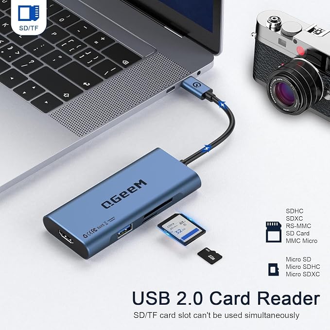USB C Hub, QGeeM USB 4k to HDMI Adapter, 7 in 1 USB-C Dongle with 100W PD,USB 3.0, Card Reader, Compatible for MacBook iPhone 15/17 Ipad Pro max,Chromebook Laptop USB Type C Dock-Blue