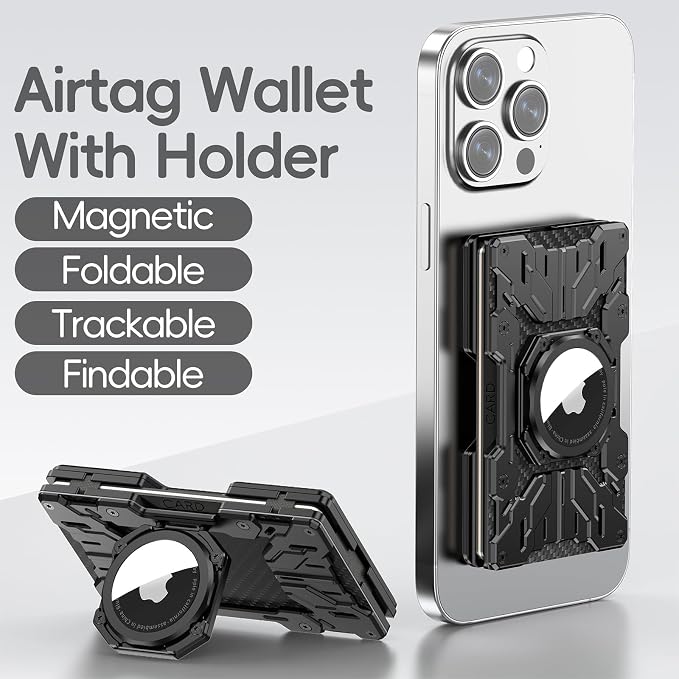 Minimalist Mens Wallet RFID Blocking - Slim Metal Wallet With Airtag Holder - Compact Credit Card Holder Mini Size, Metal, Carbon Fiber (Black)