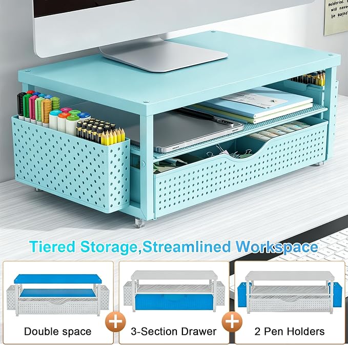 gianotter Desk Organizers and Accessories, Monitor Stand with Drawer and 2 Pen Holder, Desktop Organizer Suitable for Offices and Dormitories (Blue-Plain)