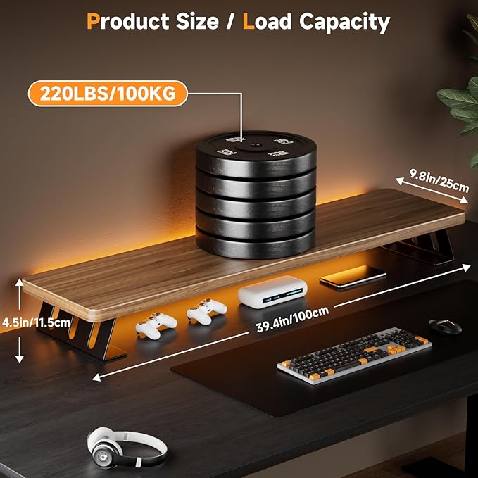 Dual Monitor Stand Riser, 39 Inch Large Wood Monitor Stands for 2 Monitors, Desk Monitor Riser for Computer/Laptop/Printer/TV, Stand Riser up to 220 lbs