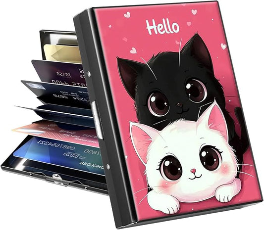 Metal Wallet, Credit Card Holder for Women Men Girls, RFID Blocking Aluminum Wallet Slim Hard Case, Mini Travel Wallet, ID Card Holder Business Card Case,Hello Cat