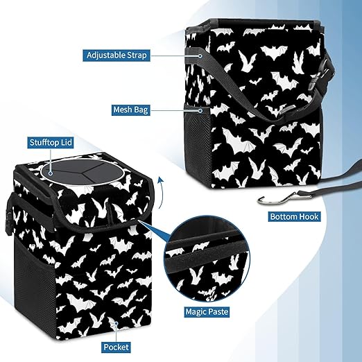 Car Trash Can with Lid Black and White Goth Bats Collapsible Reusable Leak-Proof Auto Garage Bag,Hanging Vehicle Car Accessories Interior Car Organizer