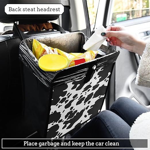 Black White Cow Car Trash Can, Animal Skin Print Foldable Hanging Car Trash Bag, Small Waterproof Car Accessories Garbage Bin