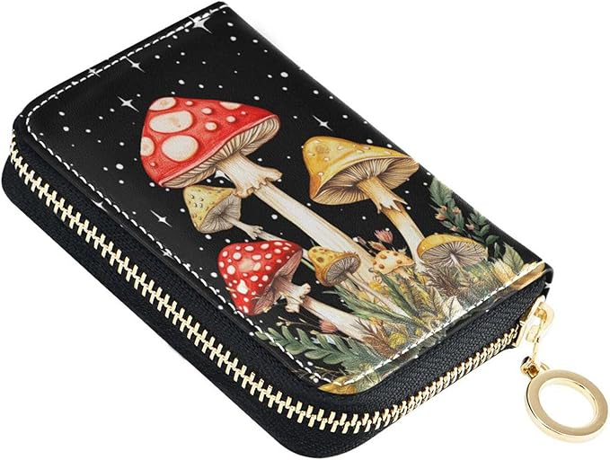RFID Credit Card Holder Wallets Accordion for Women Leather Zipper Card Case Accordion Wallet for Ladies Girls (Mushrooms)