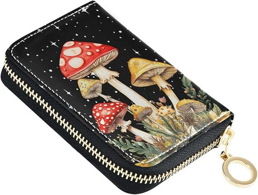 RFID Credit Card Holder Wallets Accordion for Women Leather Zipper Card Case Accordion Wallet for Ladies Girls (Mushrooms)
