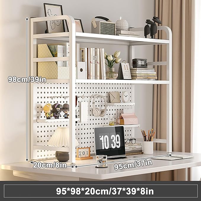 Standing Desk Shelf Desk Shelf Organizer, Countertop Hutch Bookcase Organizer, Desktop Bookcase Bookshelf Desk Hutch, Home Decor, Load Bearing Capacity 50 kg/110 lbs(White,95*98*20cm/37*39*8in)