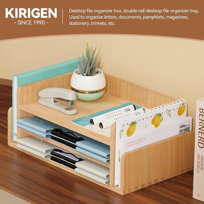 KIRIGEN Wood Desk Organizer 5 Trays, 3-Tier Desktop Document Letter Tray with Side Slots, Fully Assembled Mail Sorter and File Folder Holder for Home Office, Natural 2TP-NA