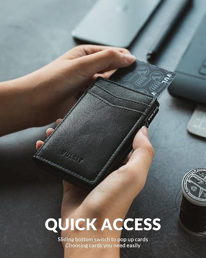 VULKIT Men's Slim Wallets Pop Up Card Holder RFID Blocking Metal Wallet Minimalist Design Holds Up to 11 Cards