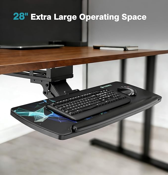 Keyboard Tray Under Desk with Storage Drawer, Height Adjustable Keyboard Tray Slide Out 360° Swivel Tilt, Ergonomic Under Desk Mount Keyboard & Mouse Pad Lighting for Gaming Home Office