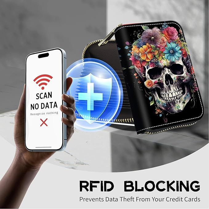 Cute Credit Card Holder with Zipper, Sugar Skull Flowers RFID-Blocking Card Case Small Wallet for Women Men, Multi-slot Card Organizer Case Travel Accordion Wallet