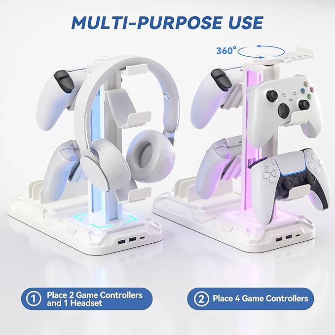 KDD Headset Stand with Charging Station - Detachable Controller Holder with 9 Light Modes - Rotatable Headphone Hanger with USB A&C Charger Ports - Earphone Hook for PC Gaming Accessories Storage