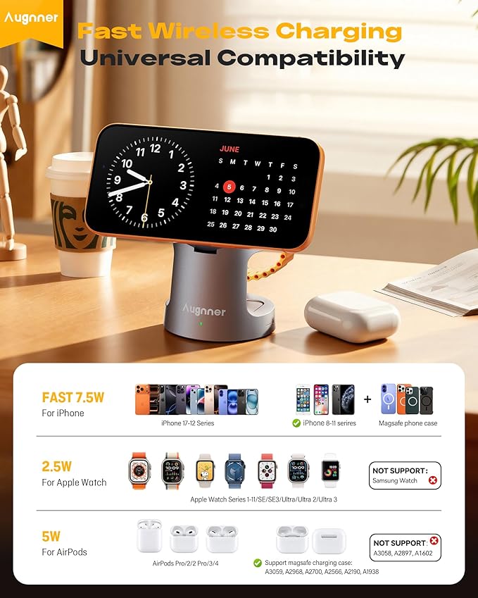 4 in 1 Charging Station Compatible with MagSafe Charger, Foldable Magnetic Wireless Charger with Night Lamp, 15W Fast Charging Stand for iPhone 17/16/15/14/13/12, Apple Watch, AirPods (20W Adapter)