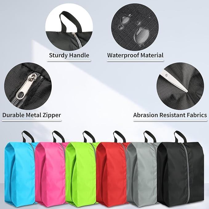 Shoe Bags for Packing, Set of 6 Large Colorful Waterproof Portable Shoe Bags with Zipper - Travel Essentials for Women and Men