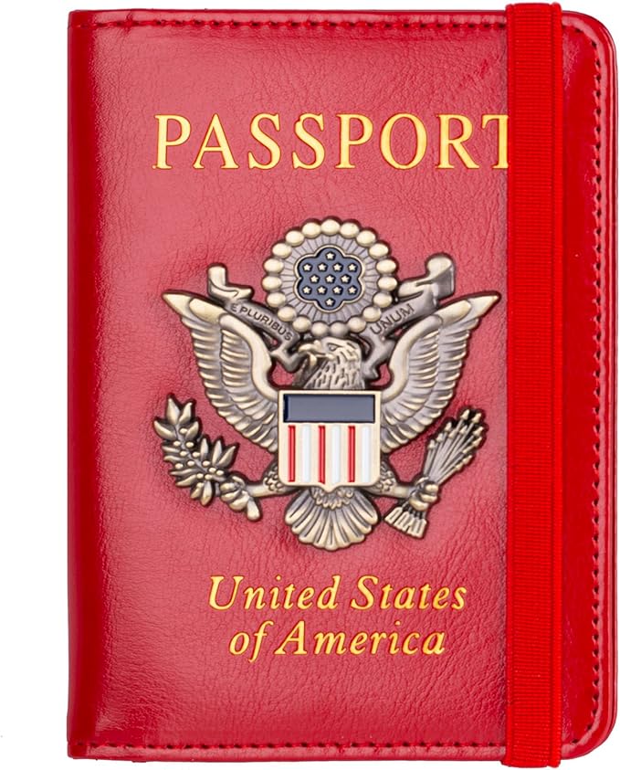 TOURSUIT Rfid Blocking Passport Holder for Women Men, Leather Passport Travel Wallet with 3D Metal Badge, Travel Document Holder Cover Accessories (Red)