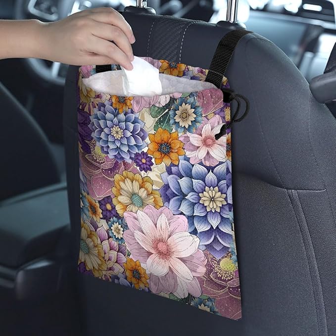 Car Trash Bag Hanging Back of Seat Waterproof Small Cute Printed One-Handed Strap Drawstring Garbage Bags for Car-Purple Boho Floral