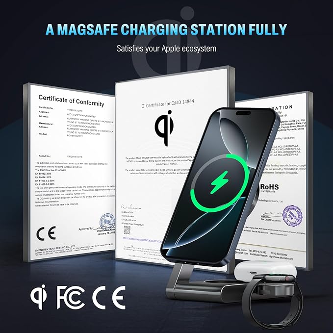 2026 3 in 1 Wireless Charging Station Mag-Safe Fast Charging Station for Apple MagSafe Charger, with USB C Charger, Foldable Charging Magnetic Wireless Charger Stand, Space Aluminum Travel Charger