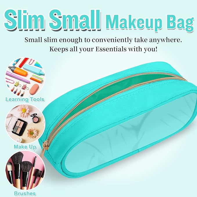 Nylon Small Clear Makeup Bag Slim Pencil Pouch, Cute Makeup Bag Preppy Cosmetic Zipper Pouch Pencil Case for Purse, Travel PVC Toiletry Bag Clutch Coin Pouch Makeup Brush Bag for Women Girl(Mint)