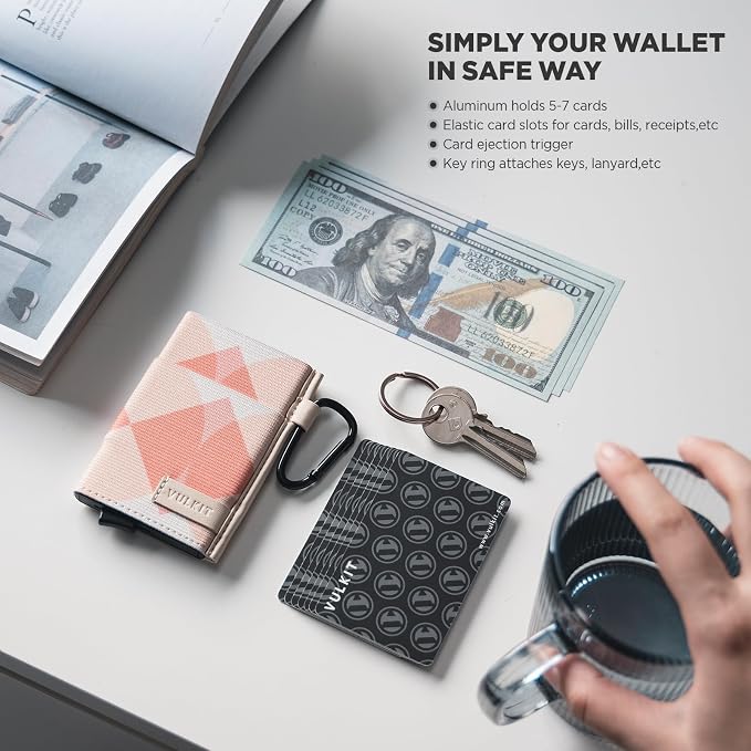 VULKIT Slim Wallet for Men and Women, Pop up Credit Card holder Metal Case RFID Blocking with Keychain and Elastic Pocket (Rhombic Pink)