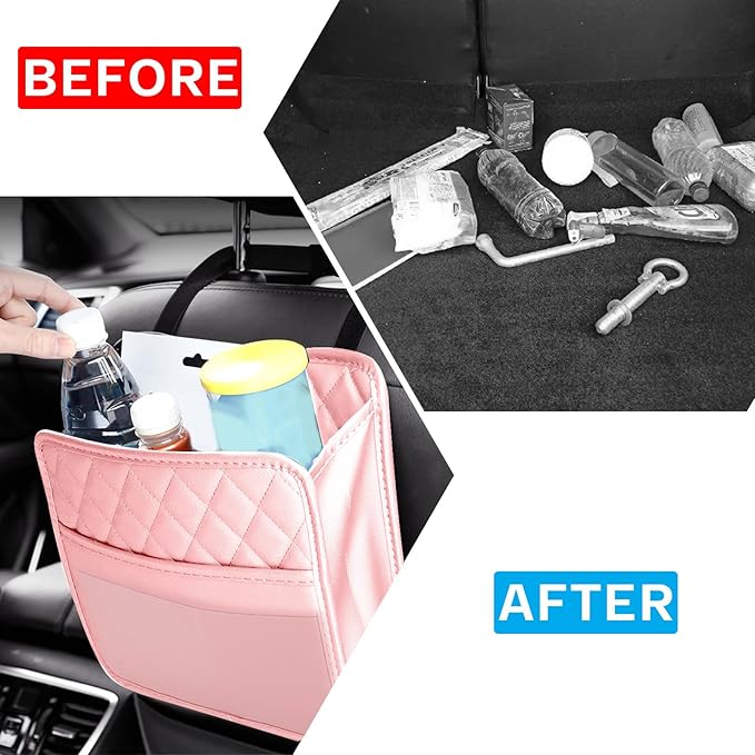 Car Seat Organizer Backseat with Storage Pockets, PU Leather Vehicle Backseat Hanging Storage Pocket, Multipurpose Automotive Travel Essentials Accessories, Universal for Most Cars (Pink)