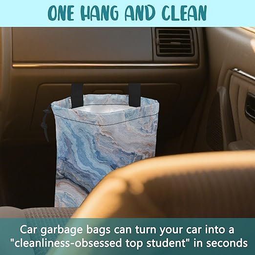 Car Garbage Bag Abstract Blue and Gold Marble Hanging Canvas Car Trash Bag Waterproof Drawstring Car Back Seat Organizer for Car Back Front Seat Console with Adjustable Buckle