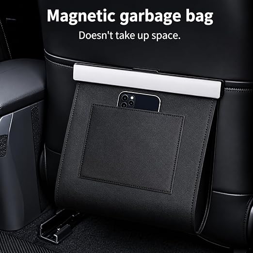 Premium Car Trash Can with Magnetic Lid, Waterproof Leakproof PU Leather Vehicle Garbage Bin, Foldable Hanging Auto Trash Bag for Seat Back Pocket, Fits Cars SUVs Trucks, Includes 2 Rolls Trash Bags