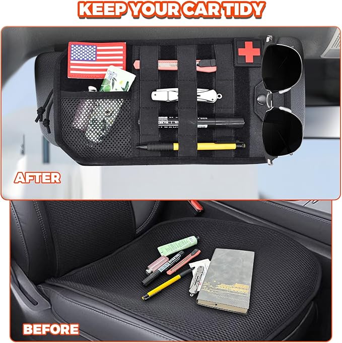 1000D Sun Visor Organizer with Zipper Visor Storage Pouch, Car Sunglasses Holder, Hard Molle Panel for Tactical Gears, Fits Most Car, SUVs, and Trucks