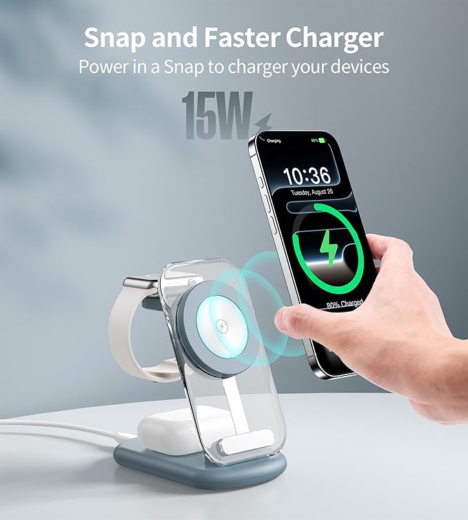 3 in 1 Magnetic Wireless Charging Station for Apple Devices, Fast Foldable Travel Mag-Safe Charger Stand with Night Light for iPhone 17 16 15 14 13 12 Series, Apple Watch/AirPods Pro, LB