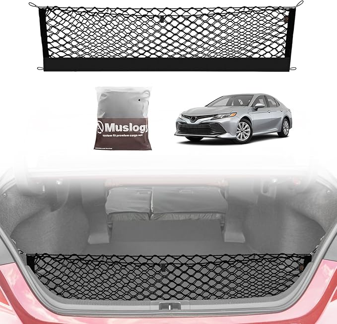 Muslogy Truck Bed Cargo Net Trunk Netting Compatible with 2018-2025 2026 Toyota Camry Accessories, Pickup Cargo Organizer SUV Sedan Storage Net w/Heavy Duty Carabiners