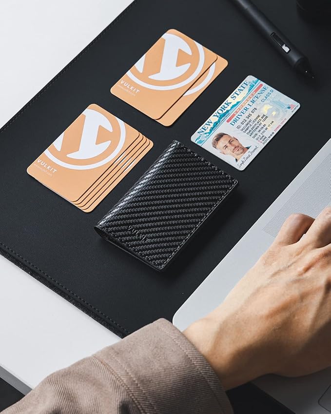 VULKIT Leather Business Card Holder 2 Sided Slim Business Name Card Organizer for Men or Women, Up to hold 20 cards(Carbon Black)