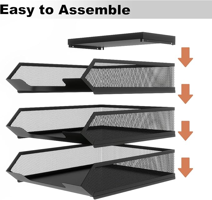 Natwind 3-Tier Stackable Metal Mesh Paper Organizer with Sliding Tray,Black | Desk Organizer for Office Supplies, Letter Tray For Desktop,File Holder For Home School Classroom Organization
