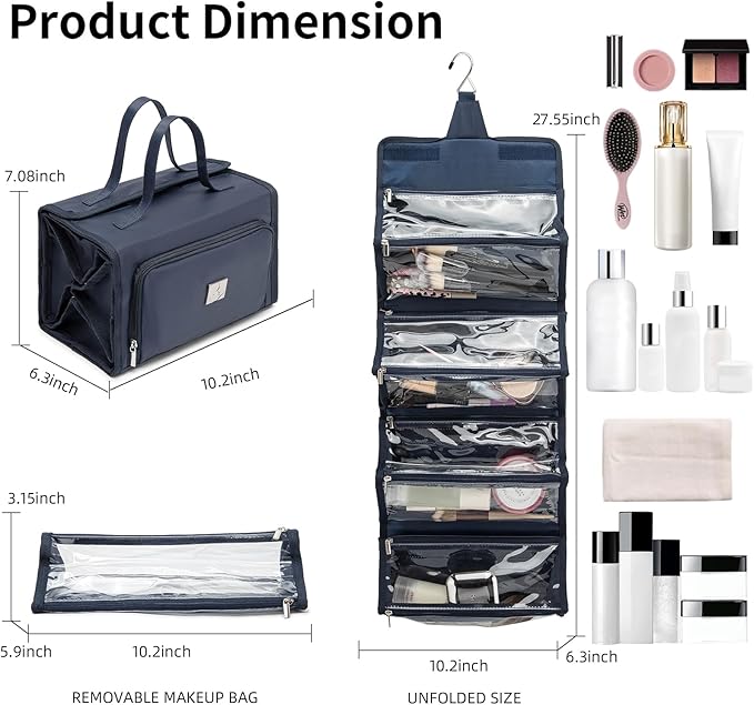 ROYALFAIR Roll Up Makeup Bag, Travel Toiletry Bag for Women with 4 Clear TSA Approved Pouches, Hanging Travel Organizer, Folding Cosmetic Bag for Men and Women (navy blue)