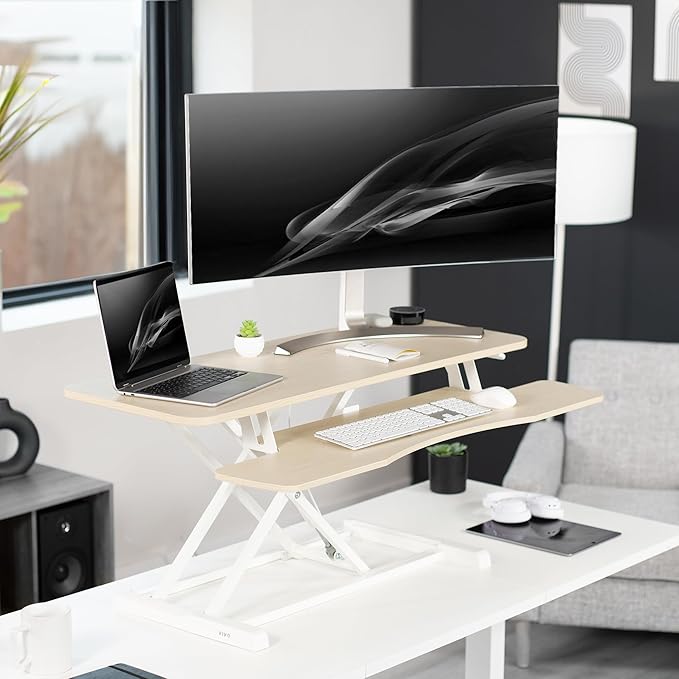 VIVO 42 inch Desk Converter, K Series, Height Adjustable Sit to Stand Riser, Dual Monitor and Laptop Workstation with Wide Keyboard Tray, Light Wood Top, White Frame, DESK-V042KF