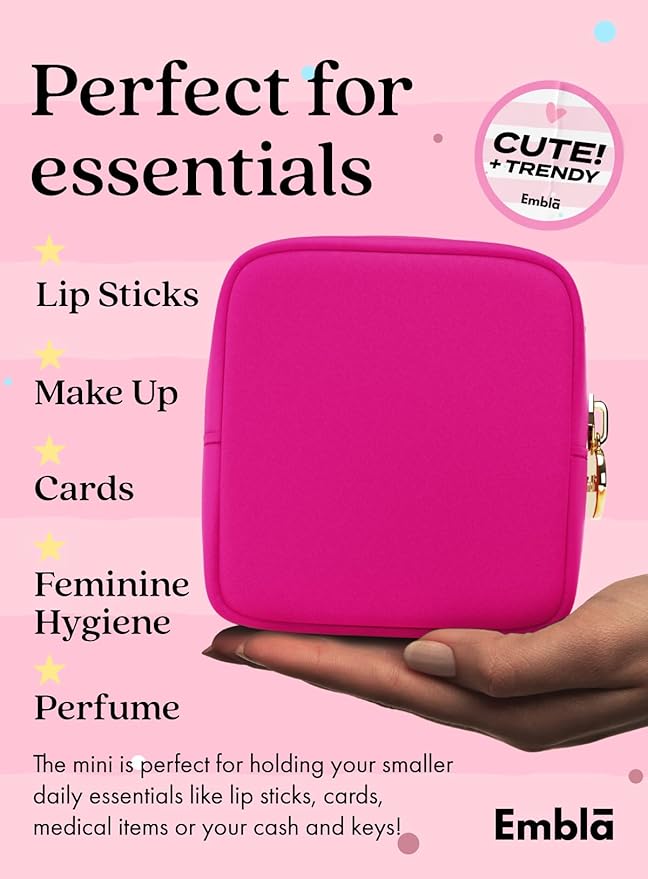 Embla Makeup Bag Travel Cosmetics Pouch and Toiletry Bag, Nylon Zipper Pouch Purse, Cute Make Up Organizer Storage Tote for Women Girls, Waterproof Travel Skincare Case, Small Makeup Bags, Fuchsia