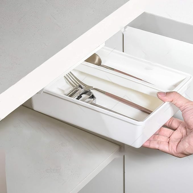 Under Desk Drawer, Self-Adhesive Storage for Office/Bedroom/School/Kitchen, Holds iPad/Phone/Pens/Pencils/Keys/Cutlery (Medium-White)