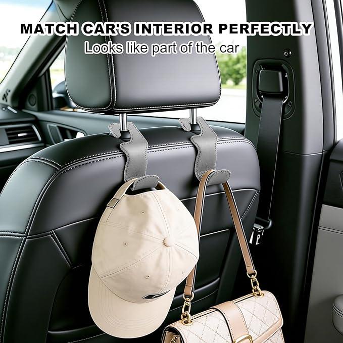EldHus Car Seat Hooks for Purses and Bags, 2 Pack Car Purse Holder for Grocery Bag Handbag Clothes, Metal Headrest Hooks Covered by Leather, Gray