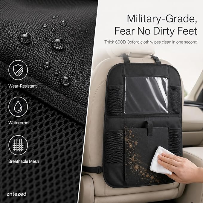 Car Backseat Organizer with 12 Storage Pockets, 12" Touch Screen Tablet Holder, Waterproof Kick Mats Seat Protector, Car Organizers and Storage for Kids, Road Trip Essentials（2 Pack，Black）
