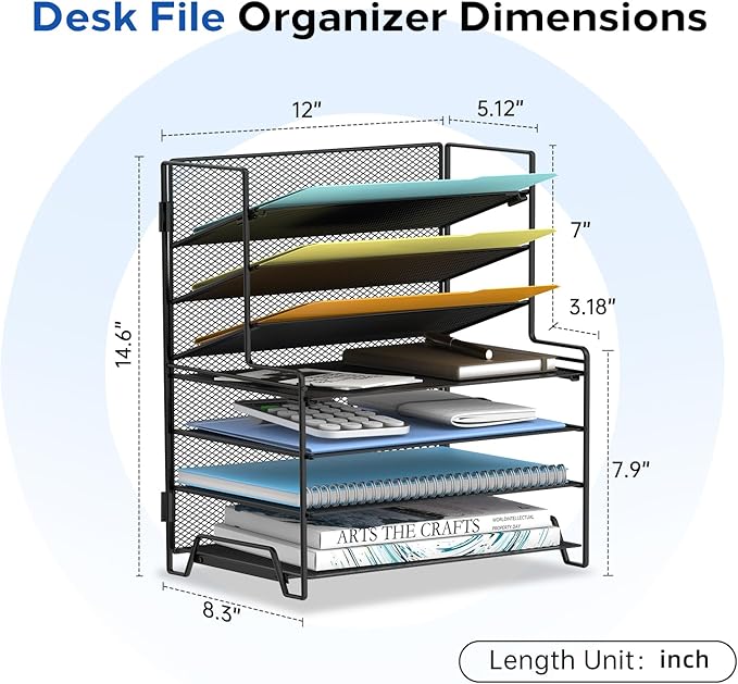 SUPEASY 7 Tier Desk File Organizer, Mesh Letter Tray Paper Organizer with File Holders, Metal Desktop Organizers and Accessories for Home Office Supplies, Black