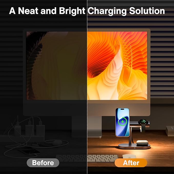 iVANKY 4 in 1 Qi2 Certified Wireless Charger Stand for iPhone 17e, Night Light for MagSafe Charging Station, 25W Charge for iPhone 17/16/15/14/13 Plus/Pro/Max,Apple iWatch, Airpods (with 33W Adapter)
