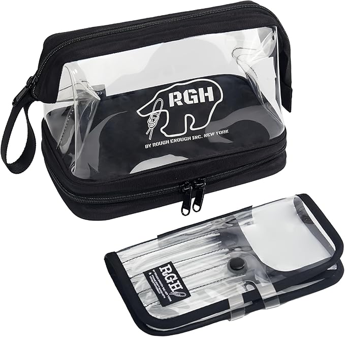 Rough Enough Clear Cosmetic Bag for Women and Men, Leakproof Travel Makeup Organizer, with Detachable Brush Pouch, Large Opening, 6.5”x5”x8.5”