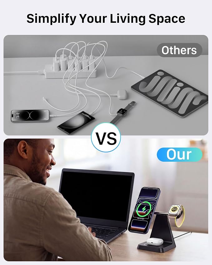 3-in-1 Magnetic Wireless MagSafe Charger Stand for Apple Devices | Charging Station for iPhone 12/13/14/15/16/17, Apple Watch & AirPods – Ideal for Nightstand, Desk, or Home Office