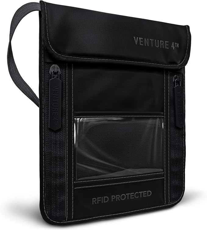 VENTURE 4TH Neck Wallet for Women & Men – RFID Blocking Passport Holder for Travel, Hidden Neck Pouch with 6 Compartments, Slim Lightweight Travel Organizer with Adjustable Strap (Sleek Black)