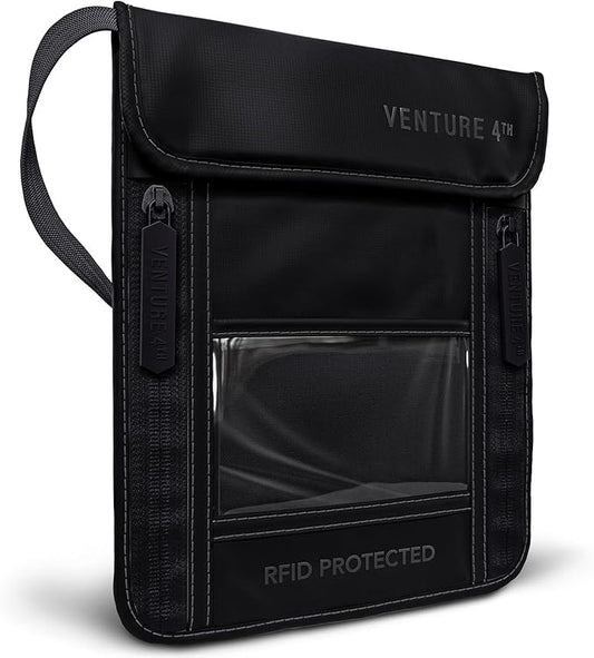 VENTURE 4TH Neck Wallet for Women & Men – RFID Blocking Passport Holder for Travel, Hidden Neck Pouch with 6 Compartments, Slim Lightweight Travel Organizer with Adjustable Strap (Sleek Black)