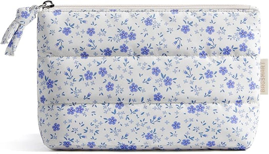 BAGSMART Small Makeup Bag, Puffy Portable Cosmetic Pouch with Charm Zipper, Water-Resistant Travel Organizer for Women (Blue Ditsy Floral Print, Small)