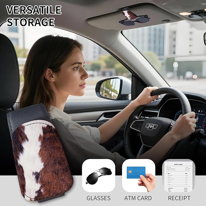 Sunglasses Holder for Car Visor, PU Leather Glasses Clip Organizer, Cute Magnetic Eyeglass Holder for Vehicle Sun Visor, Car Interior Accessory for Women & Men Brown Cow Hide